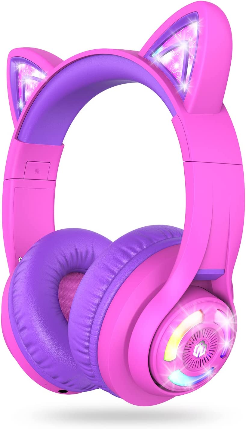 iClever Cat Ear Kids Bluetooth Headphones,LED Light Up On Ear Kids Wireless Headphones with Mic,74/85/94dB Volume Limited,50H Playtime,Bluetooth 5.2,Pink Headphones for iPad/Tablet/PC/Travel,BTH13