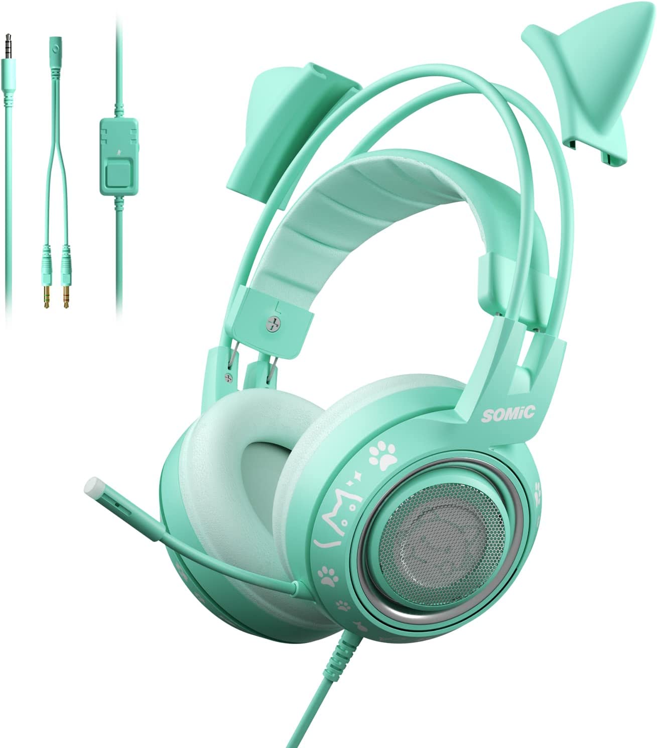 SOMIC G951S Purple Stereo Gaming Headset with Mic for PS4, PS5, Xbox One, PC, Phone, Detachable Cat Ear 3.5MM Noise Reduction Headphones Computer Gaming Headphone Self-Adjusting Gamer Headsets