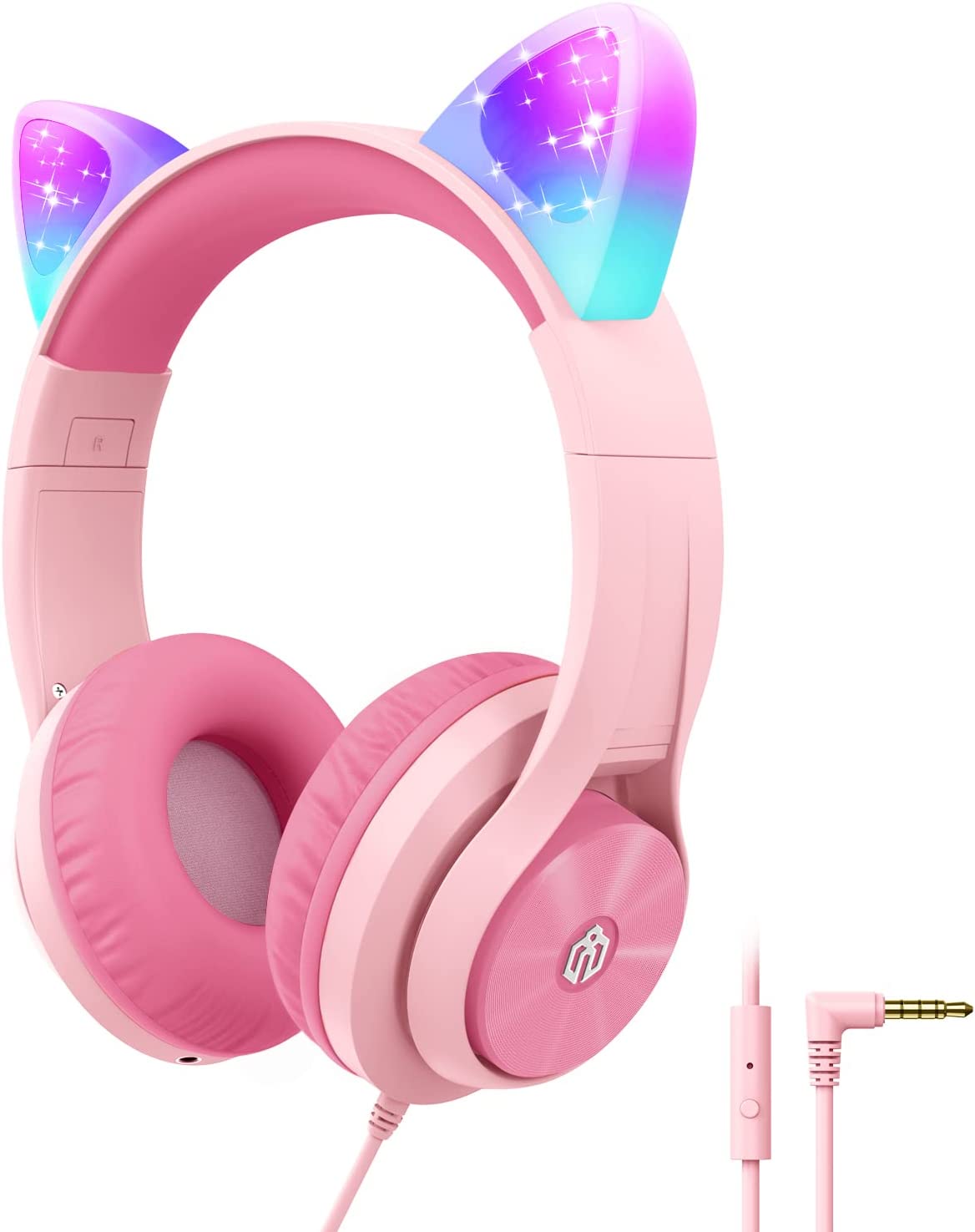 Cat Ear Led Light Up Kids Headphones with Microphone, iClever HS20 Wired Headphones -Shareport- 94dB Volume Limited, Foldable Over-Ear Headphones for Kids/School/iPad/Kids Tablet/Travel (light Purple)