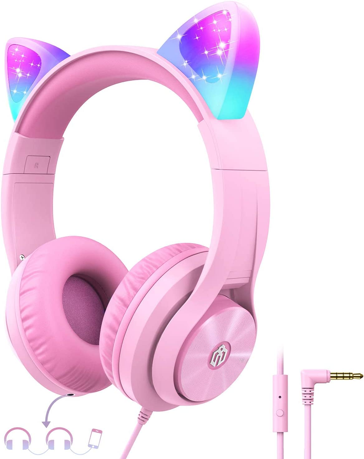 Cat Ear Led Light Up Kids Headphones with Microphone, iClever HS20 Wired Headphones -Shareport- 94dB Volume Limited, Foldable Over-Ear Headphones for Kids/School/iPad/Kids Tablet/Travel (light Purple)