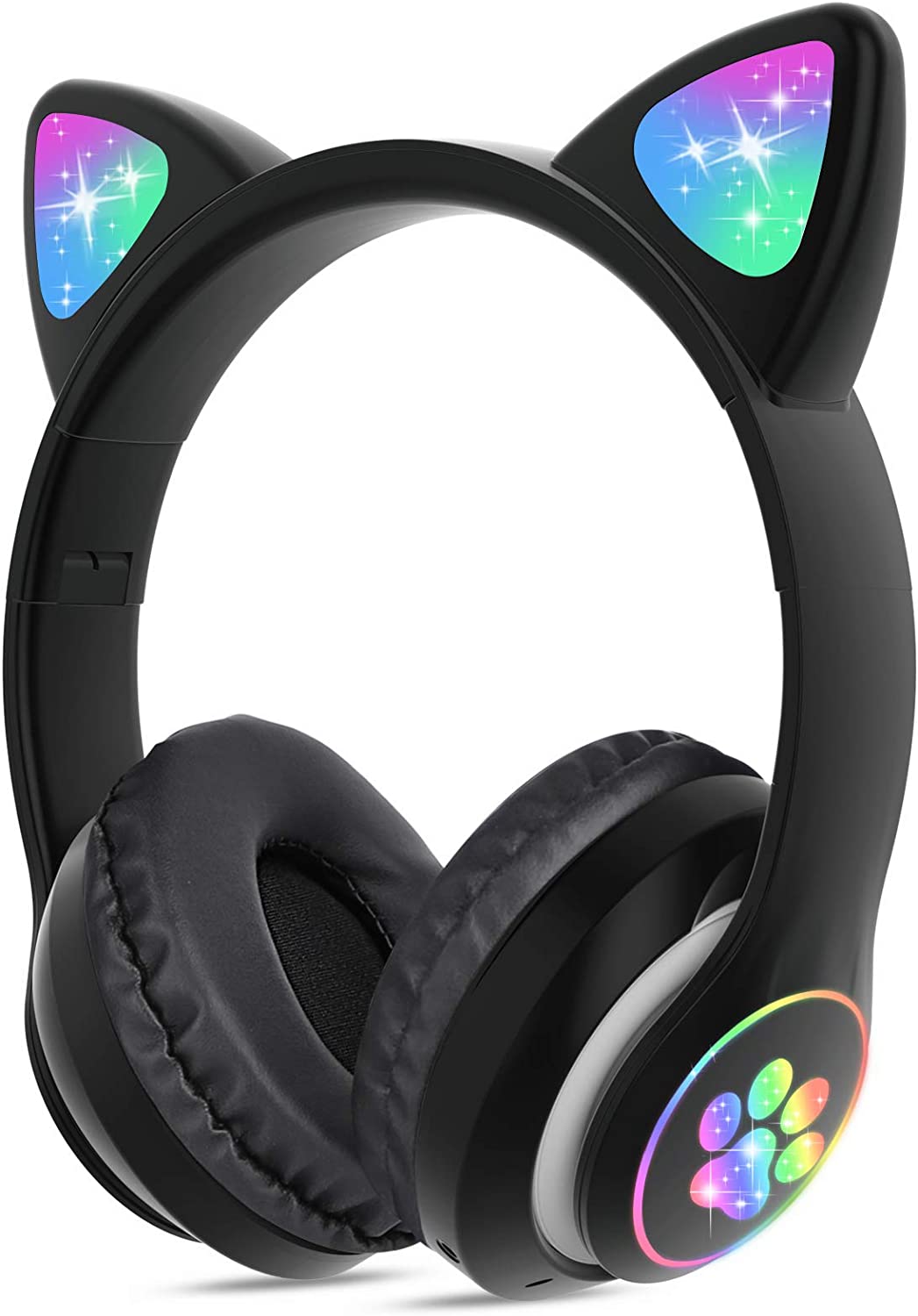 Wireless Headphones TCJJ Cat Ear LED Light Up Bluetooth Foldable Headphones Over Ear w/Microphone for Online Distant Learning (Black)