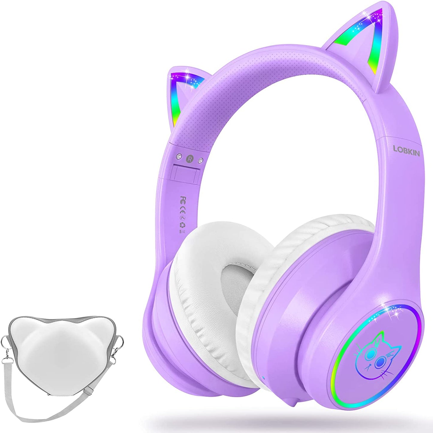 LOBKIN Bluetooth 5.1 Kids Headphones with Case - RGB LED Light Up Cat Ears Foldable Adjustable On-Ear Headset Support Wireless or 3.5mm Wired Mode for Toddler & Girls & Boys Teens (Pink)