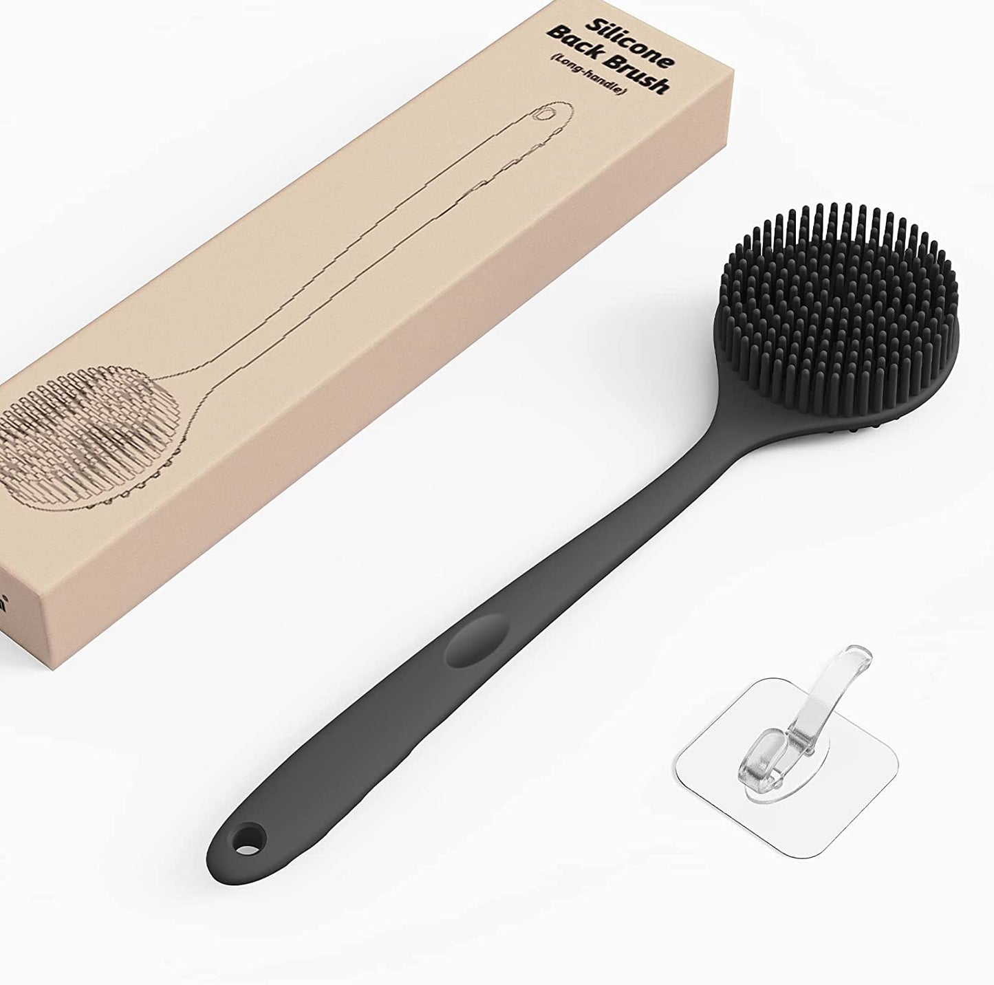 ManmiHealth Silicone Back Scrubber for Shower(New-Version), Body Scrubber with 15'' Long Handle, Light & Easy-to-Hold Shower Brush for Skin Exfoliating and Massaging, Not Good in Lathering.(Black)