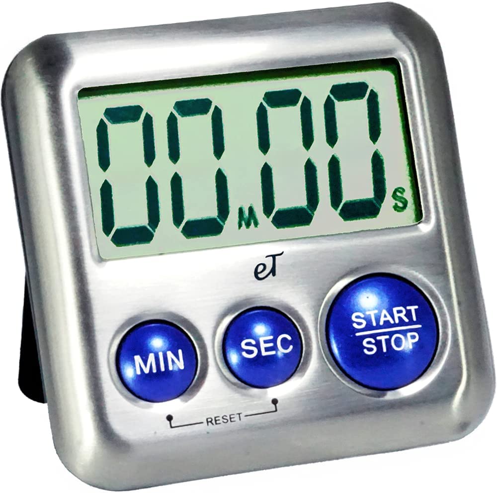 Elegant Digital Kitchen Timer Stainless Steel - Silver - Strong Magnetic Back - Kickstand - Loud Alarm - Large Display - Auto Memory - Auto Shut-Off - Model eT-26 (Silver) by eTradewinds