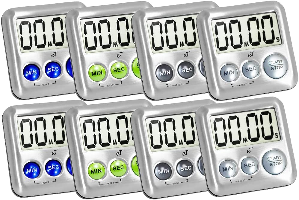 Elegant Digital Kitchen Timer Stainless Steel - Silver - Strong Magnetic Back - Kickstand - Loud Alarm - Large Display - Auto Memory - Auto Shut-Off - Model eT-26 (Silver) by eTradewinds