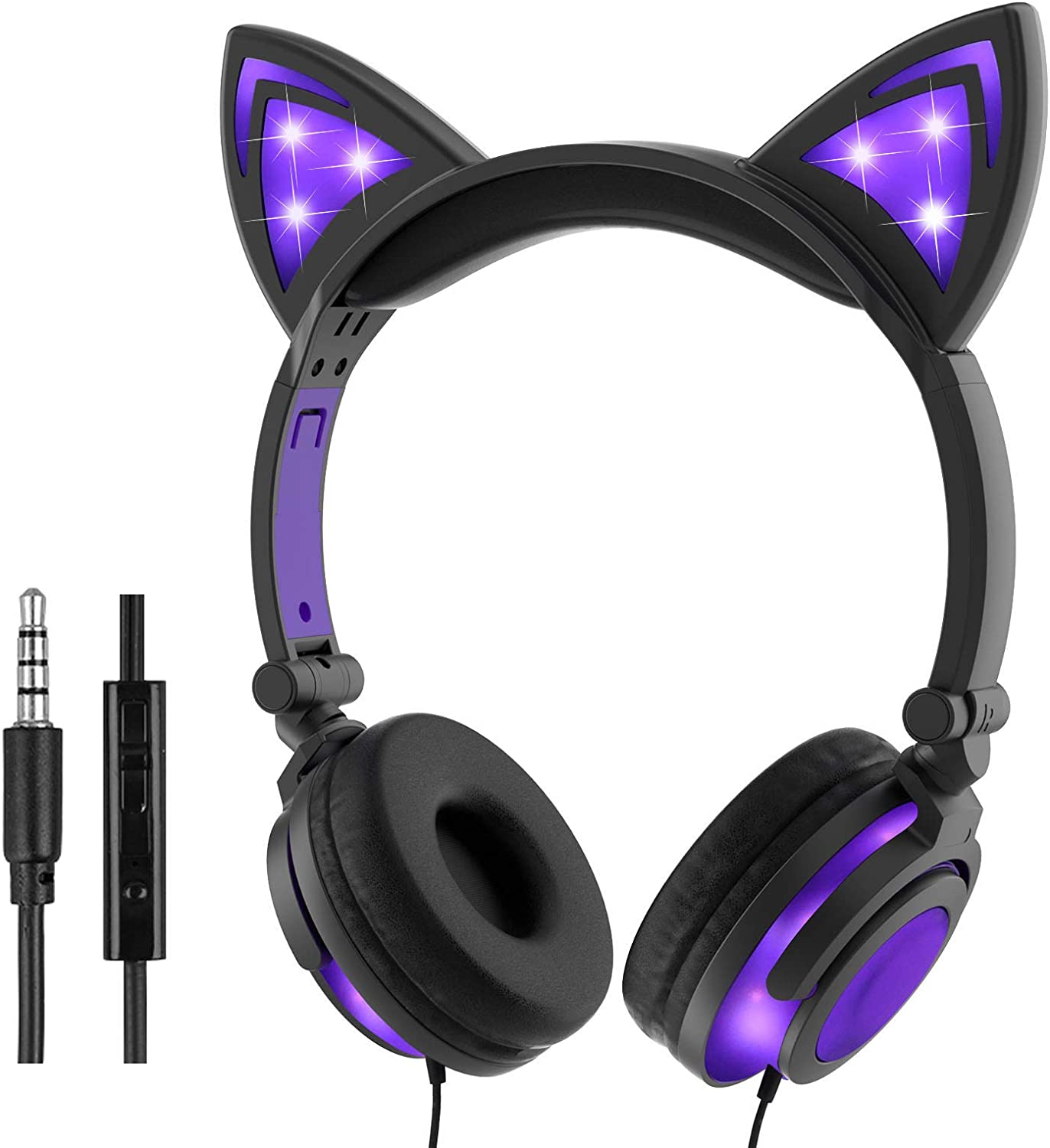 Olyre Wired Kids Headphones,Safe 85db Volume Control On-Ear LED Kitty Headphones with Mic for Kids Boys Girls Children Headset for Computer Tablet iPad Laptop Gamepad (Purple)