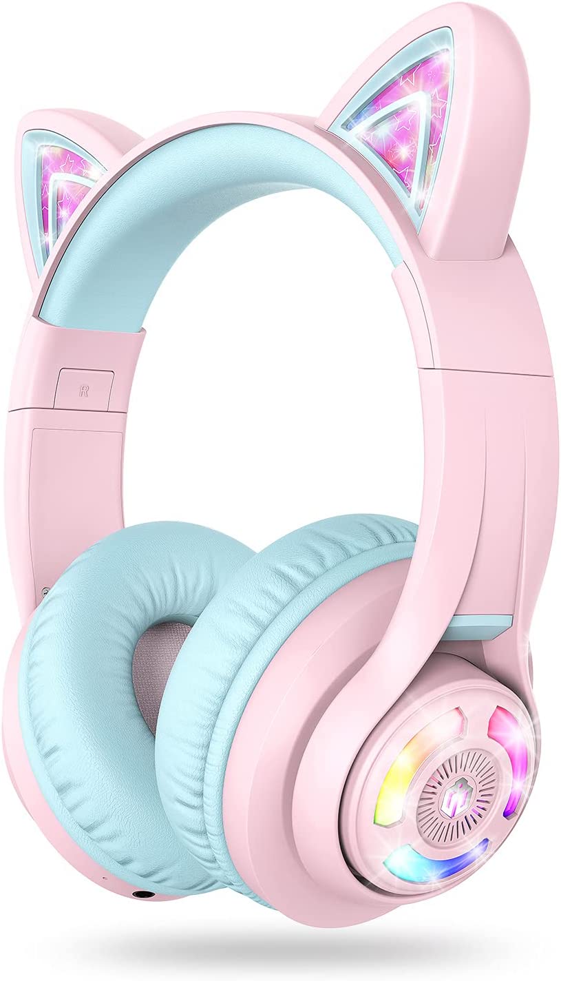 iClever Cat Ear Kids Bluetooth Headphones,LED Light Up On Ear Kids Wireless Headphones with Mic,74/85/94dB Volume Limited,50H Playtime,Bluetooth 5.2,Pink Headphones for iPad/Tablet/PC/Travel,BTH13