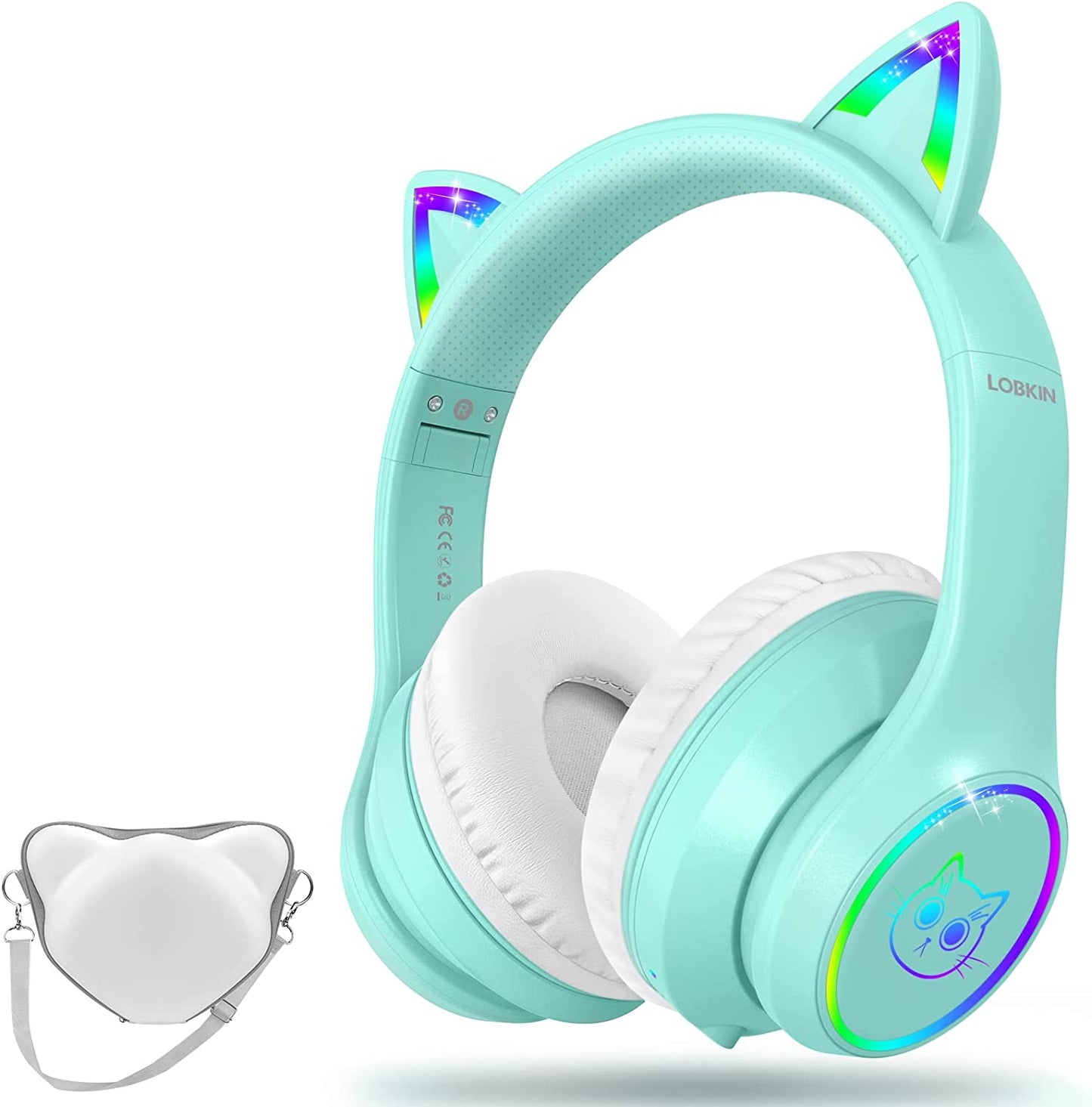 LOBKIN Bluetooth 5.1 Kids Headphones with Case - RGB LED Light Up Cat Ears Foldable Adjustable On-Ear Headset Support Wireless or 3.5mm Wired Mode for Toddler & Girls & Boys Teens (Pink)