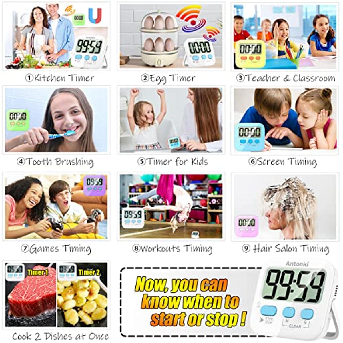 Timer, Timer for Kids, Kitchen Timer, Digital Timer for Cooking, Egg Timer, Magnetic Desk Timers for Teacher, Classroom, Toothbrush, Exercise, Bathroom, Oven, Baking, Table, Productivity - 2 Pack