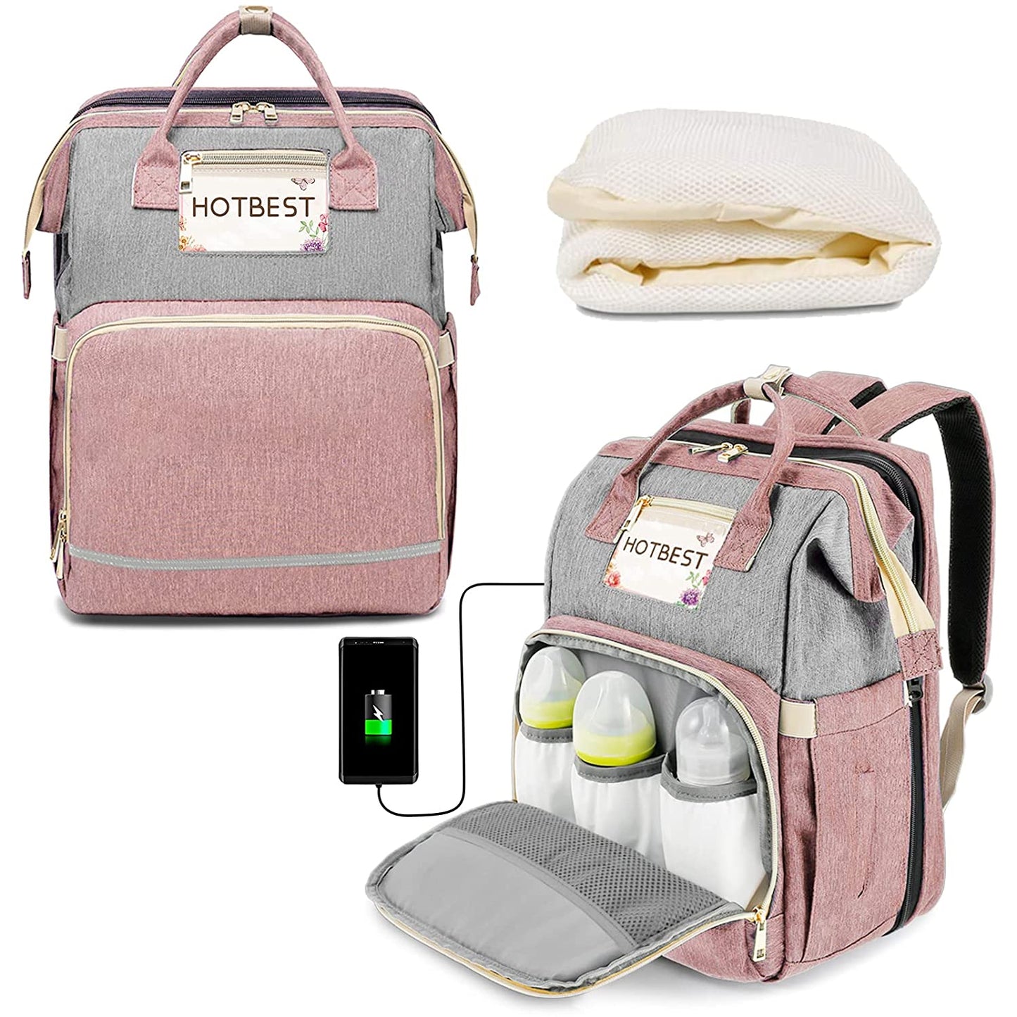 HOTBEST Baby Diaper Bag Backpack, Portable Travel Bags, Newborn Registry Baby Shower Gifts Essentials Accessories Stuff for Girls Boys Men Dad Mom Pink