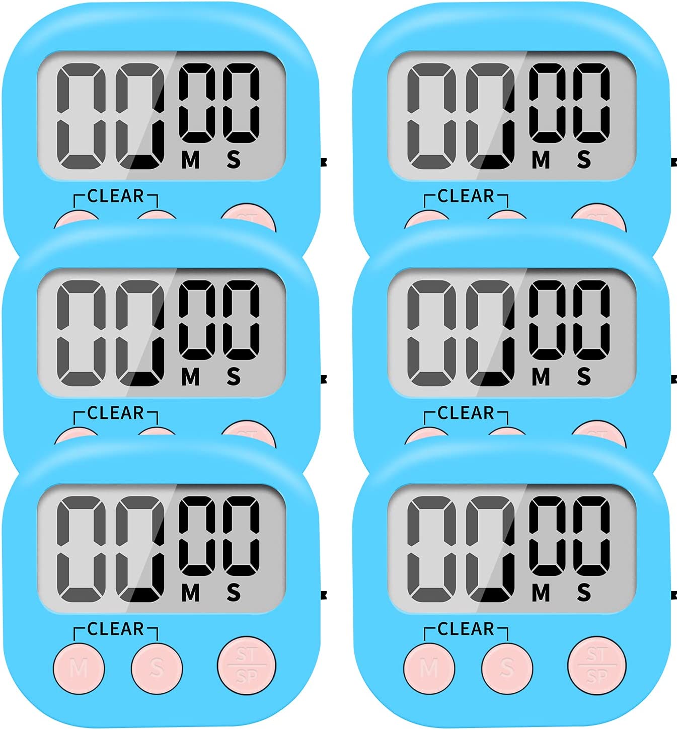 6 Pack Small Digital Kitchen Timer Magnetic Back and ON/Off Switch,Minute Second Count Up Countdown (Multicolored)