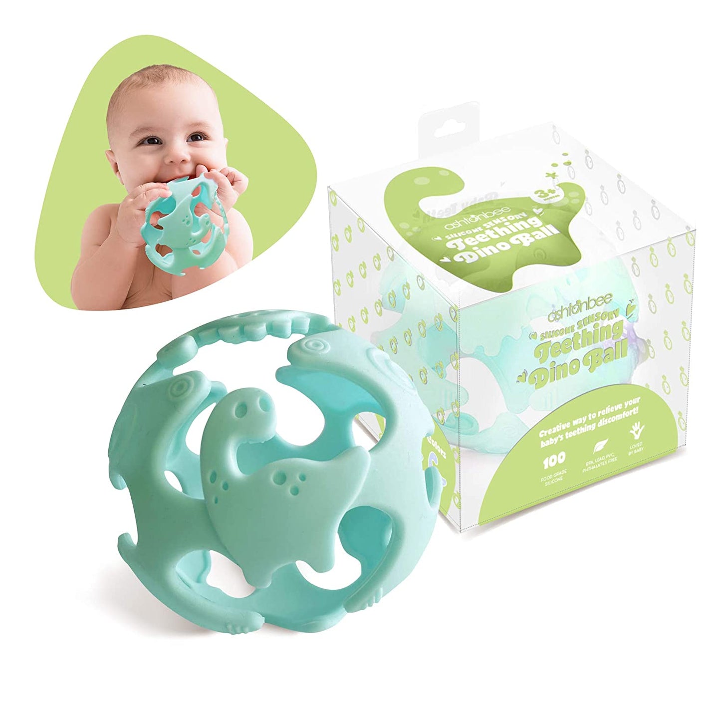Ashtonbee Dino Baby Teething Toys, Food-Grade Silicone Teethers for Babies, Textured Sensory Balls Teething Toy, Soft and Safe Sensory Chew Toys for Teething Baby, Easy to Clean and Store, Green