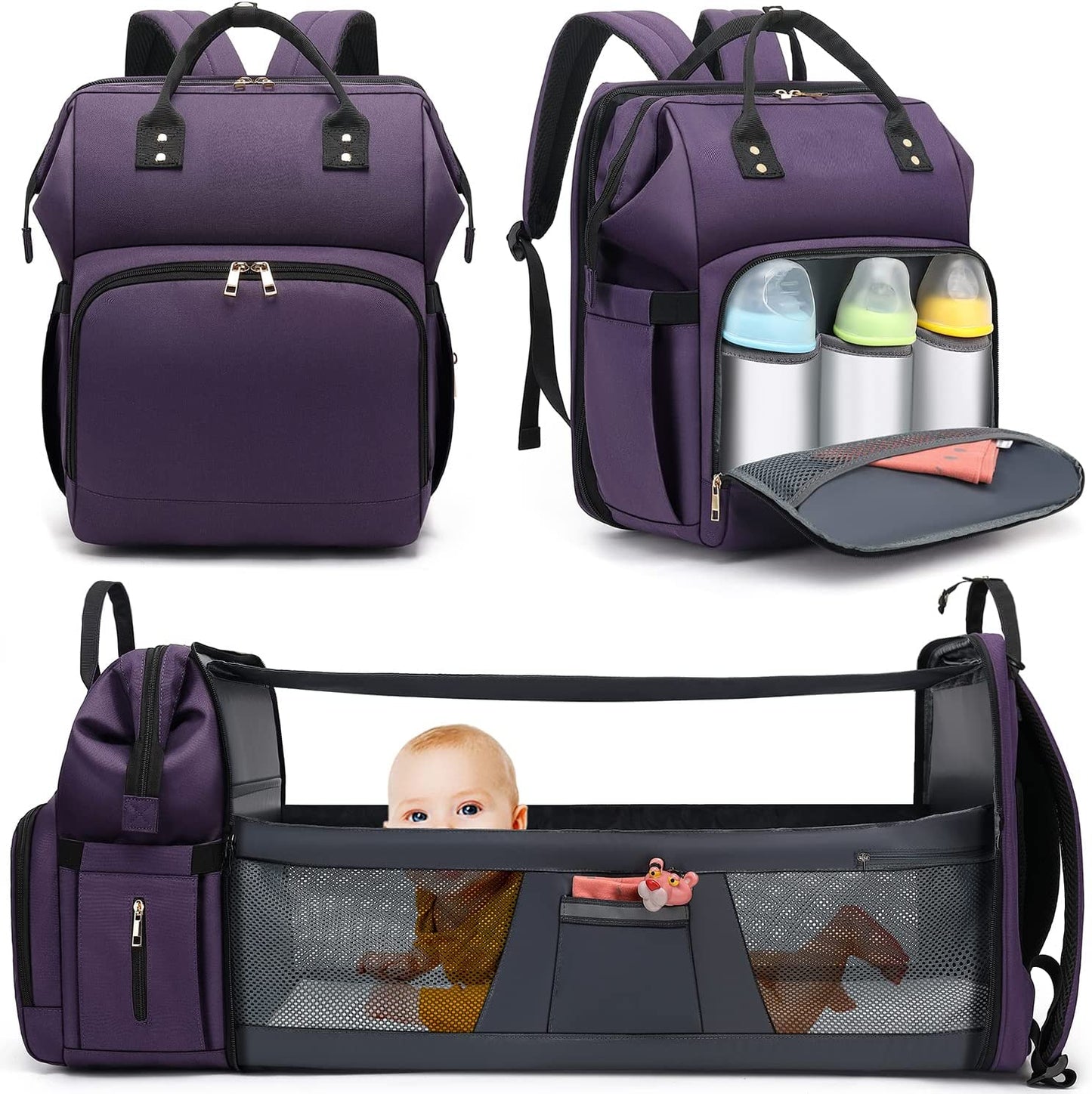 Diaper Bag Backpack - Large Travel Diaper Bags for Baby Girl & Boy - Portable Changing Pad, Stroller Straps, Insulated Pockets - Waterproof - Baby Shower Gifts - 16.5x9.4x14", 30L Capacity, Black Gray