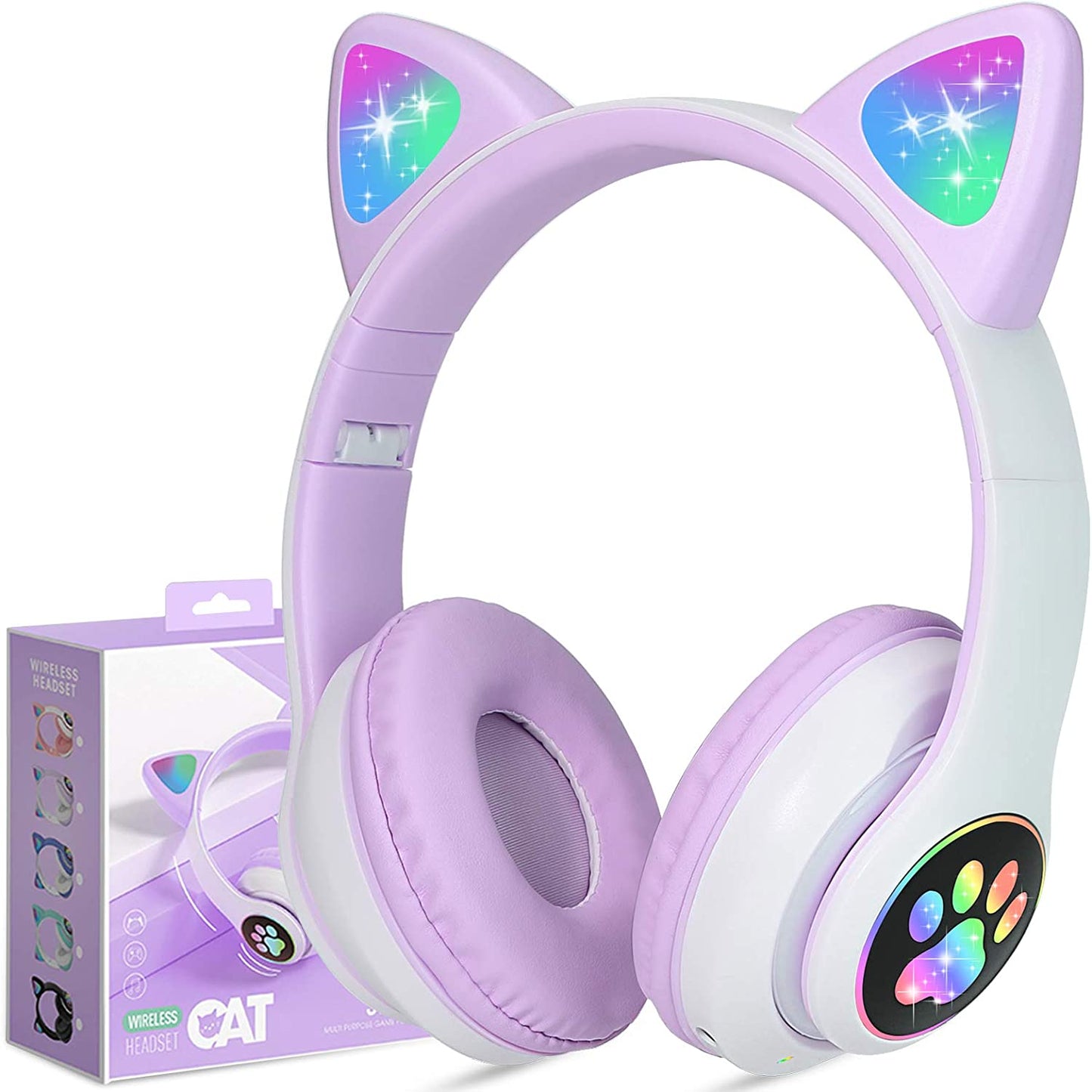 Wireless Headphones TCJJ Cat Ear LED Light Up Bluetooth Foldable Headphones Over Ear w/Microphone for Online Distant Learning (Black)