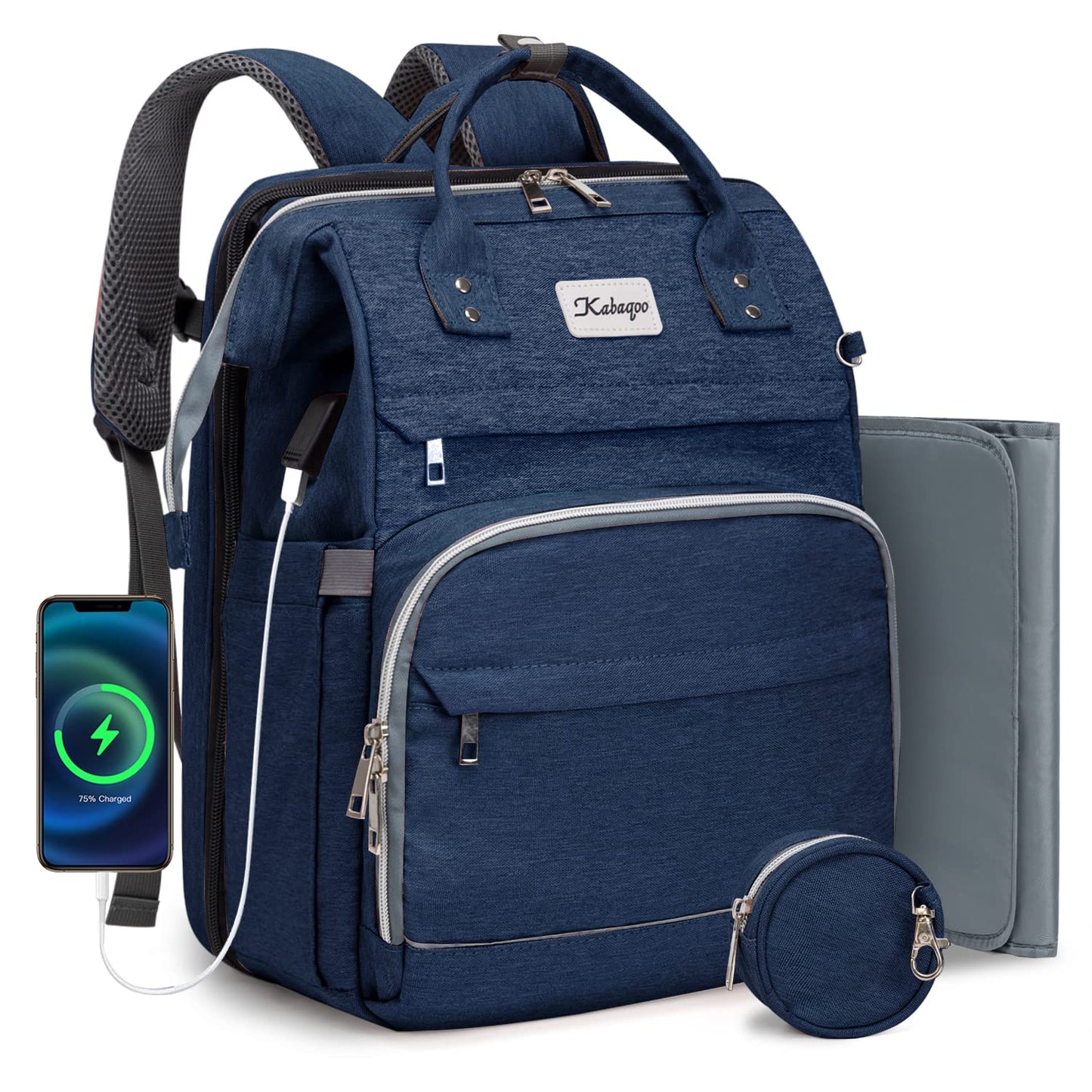 KABAQOO Diaper Bag Backpack, Large Baby Diaper Bags for Boys Girls, Baby Bag with USB Charging Port, Multifunction Waterproof Travel Back Pack for Moms Dads, Pink Grey