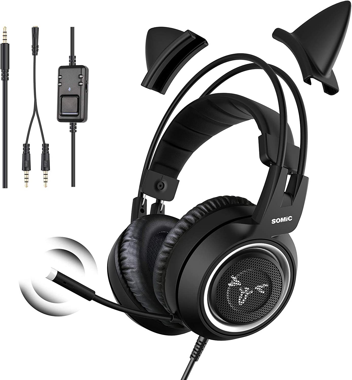 SOMIC G951S Green Gaming Headset with Microphone for PS4, PS5, Xbox One, PC, Cat Ear Headphones Over Ear with in-Line Mic Control, Stereo Sound for Girls, Woman