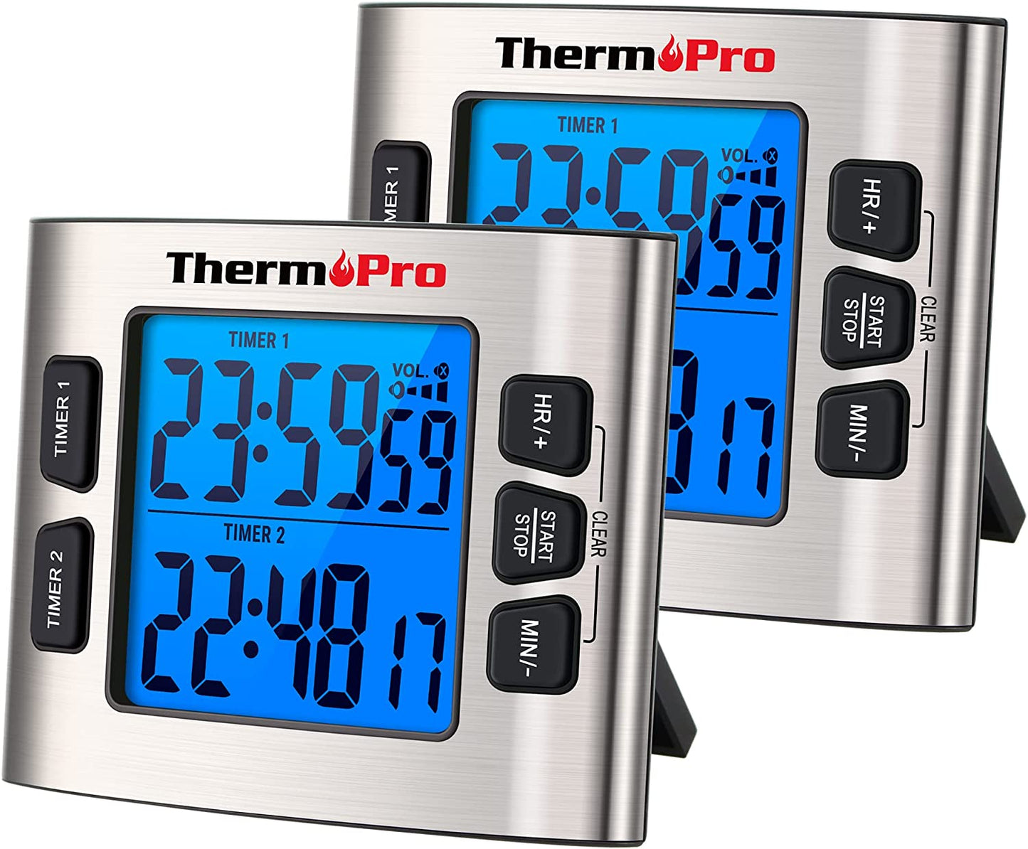 ThermoPro TM02 Digital Kitchen Timer with Dual Countdown Stop Watches Timer/Magnetic Timer Clock with Adjustable Loud Alarm and Backlight LCD Big Digits/ 24 Hour Digital Timer for Kids Teachers