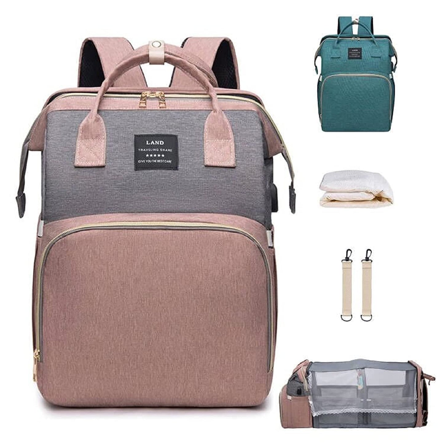 ANWTOTU Diaper Bag Backpack,7 in 1 Travel Diaper Bag,Mommy Bag With USB Charging Port (Pink-Grey)