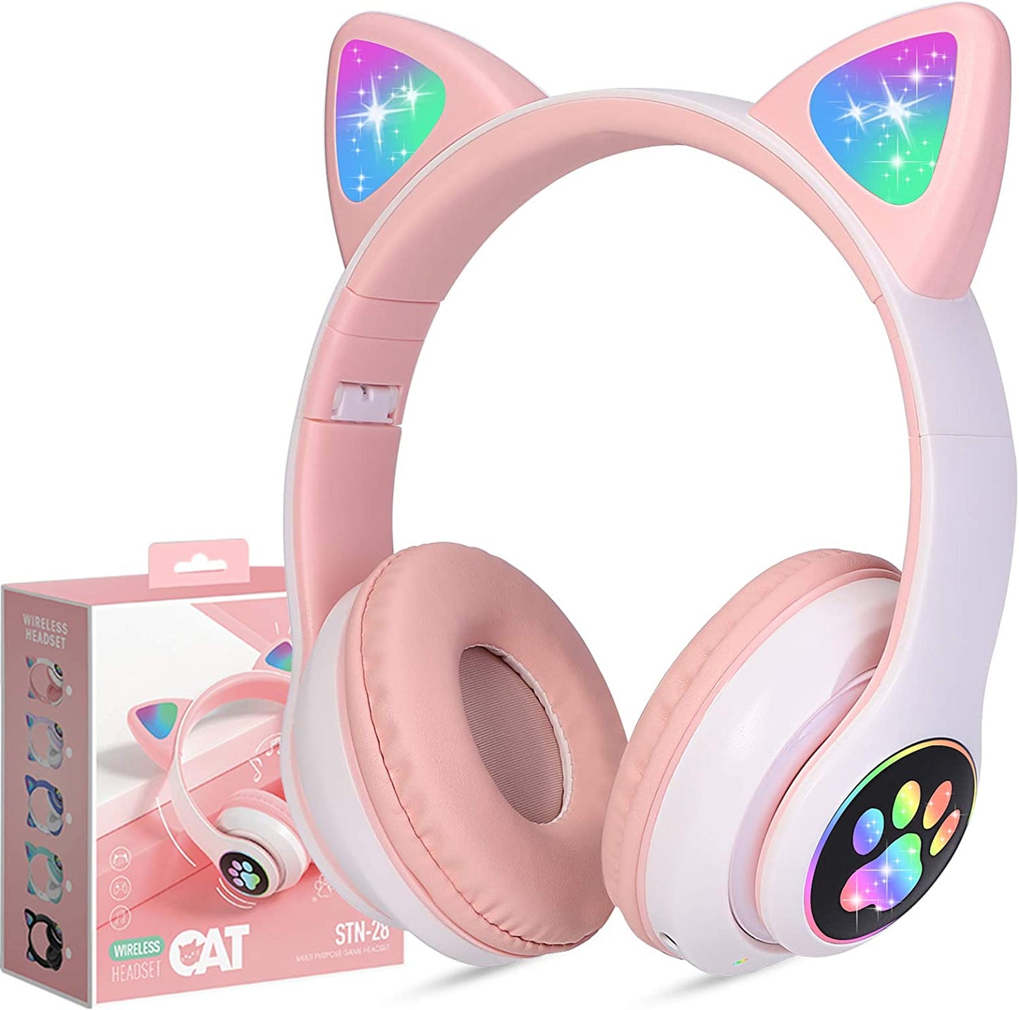 Wireless Headphones TCJJ Cat Ear LED Light Up Bluetooth Foldable Headphones Over Ear w/Microphone for Online Distant Learning (Black)
