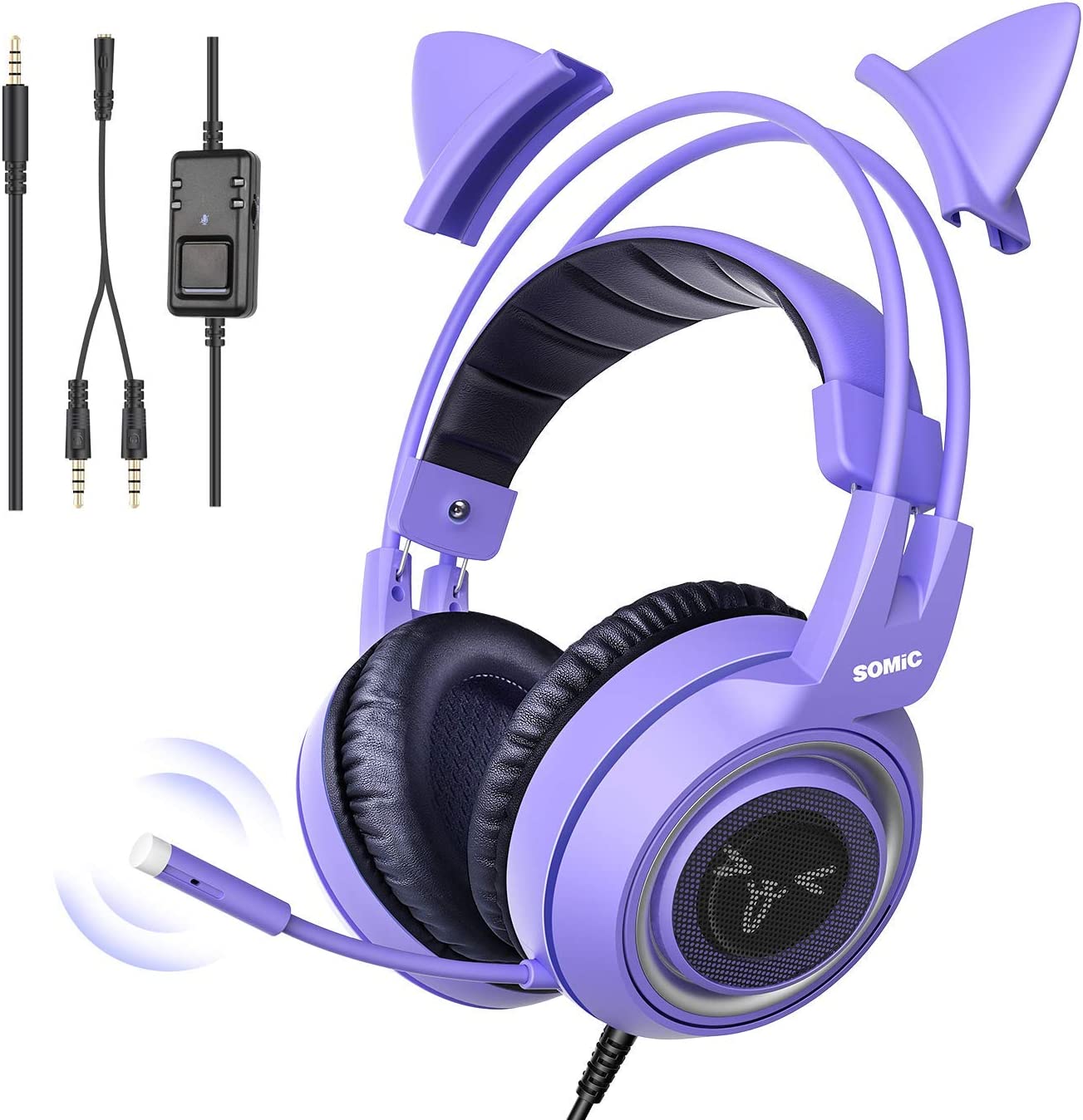 SOMIC G951S Green Gaming Headset with Microphone for PS4, PS5, Xbox One, PC, Cat Ear Headphones Over Ear with in-Line Mic Control, Stereo Sound for Girls, Woman