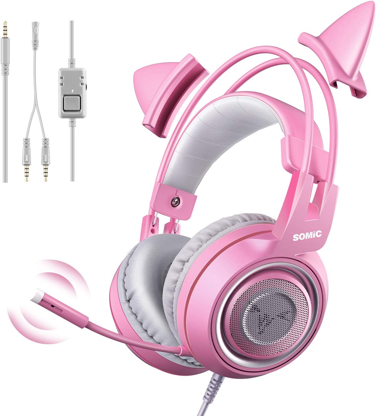 SOMIC G951S Green Gaming Headset with Microphone for PS4, PS5, Xbox One, PC, Cat Ear Headphones Over Ear with in-Line Mic Control, Stereo Sound for Girls, Woman