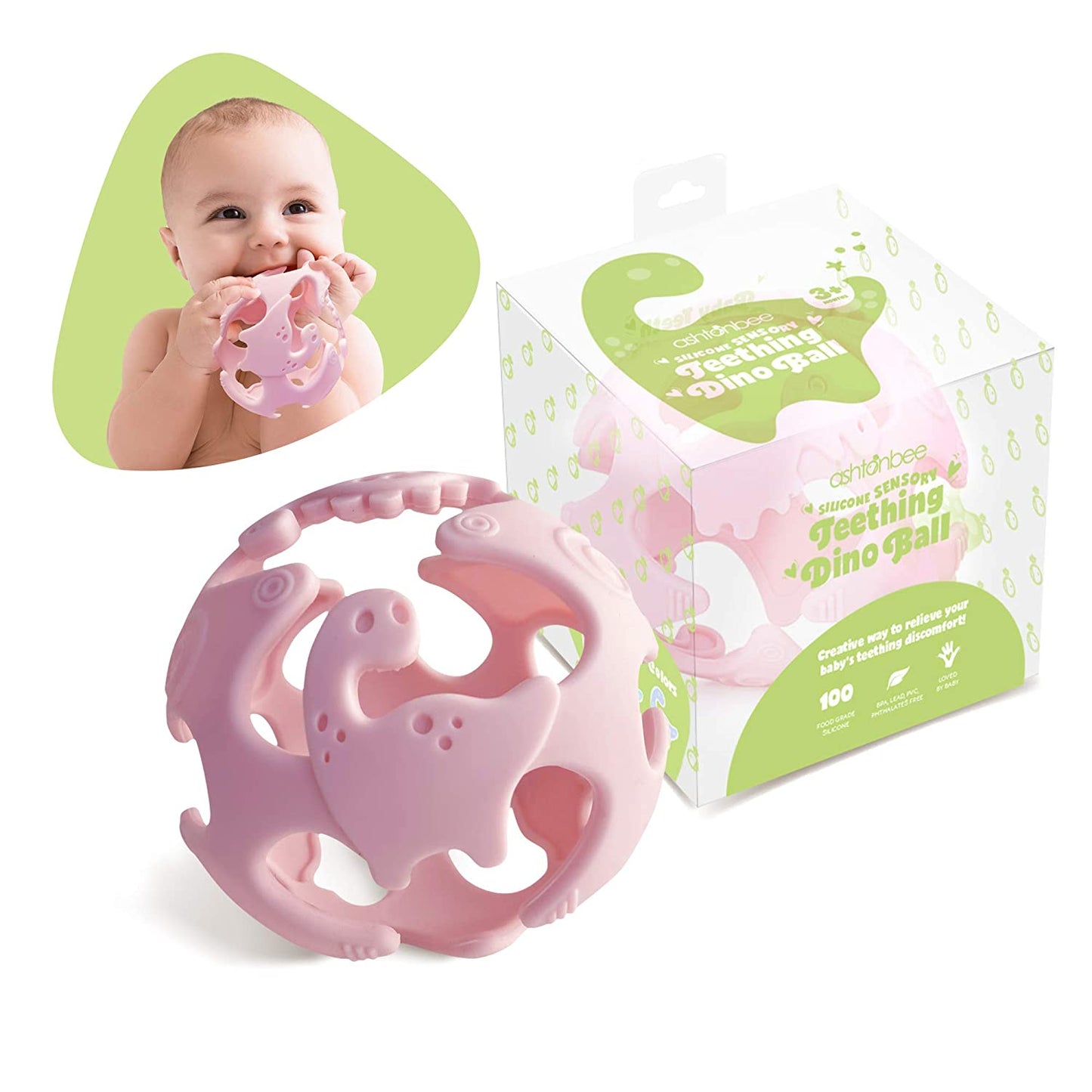 Ashtonbee Dino Baby Teething Toys, Food-Grade Silicone Teethers for Babies, Textured Sensory Balls Teething Toy, Soft and Safe Sensory Chew Toys for Teething Baby, Easy to Clean and Store, Green