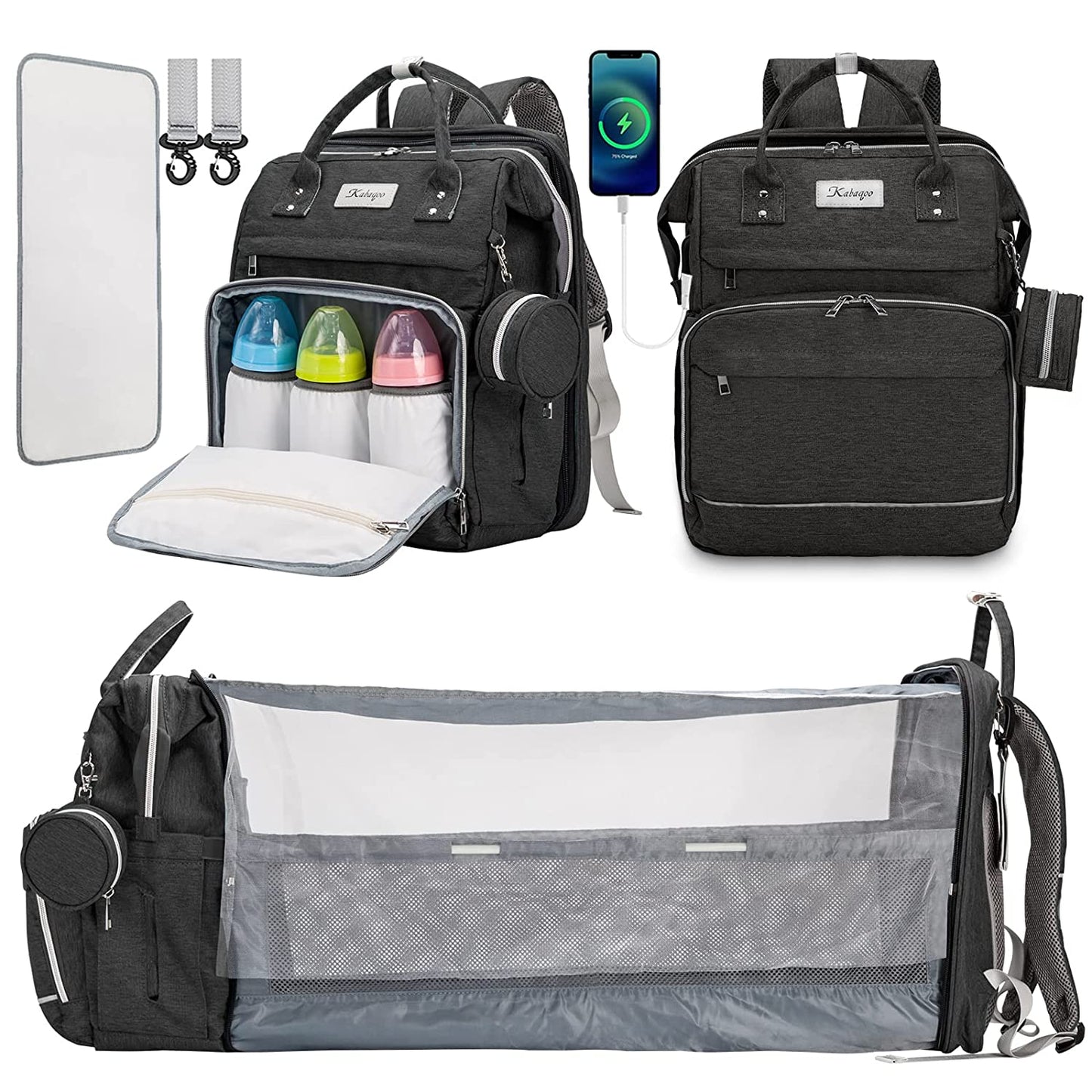 KABAQOO Diaper Bag Backpack, Large Baby Diaper Bags for Boys Girls, Baby Bag with USB Charging Port, Multifunction Waterproof Travel Back Pack for Moms Dads, Pink Grey