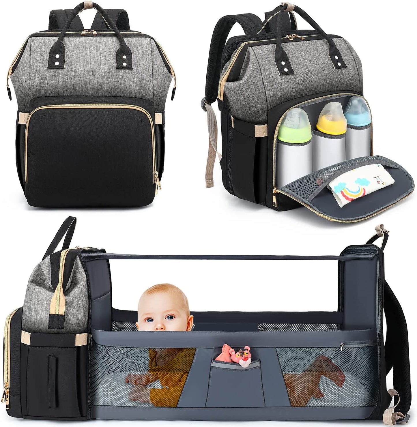 Diaper Bag Backpack - Large Travel Diaper Bags for Baby Girl & Boy - Portable Changing Pad, Stroller Straps, Insulated Pockets - Waterproof - Baby Shower Gifts - 16.5x9.4x14", 30L Capacity, Black Gray
