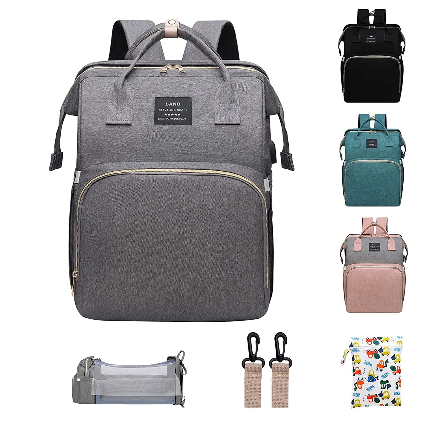 ANWTOTU Diaper Bag Backpack,7 in 1 Travel Diaper Bag,Mommy Bag With USB Charging Port (Pink-Grey)