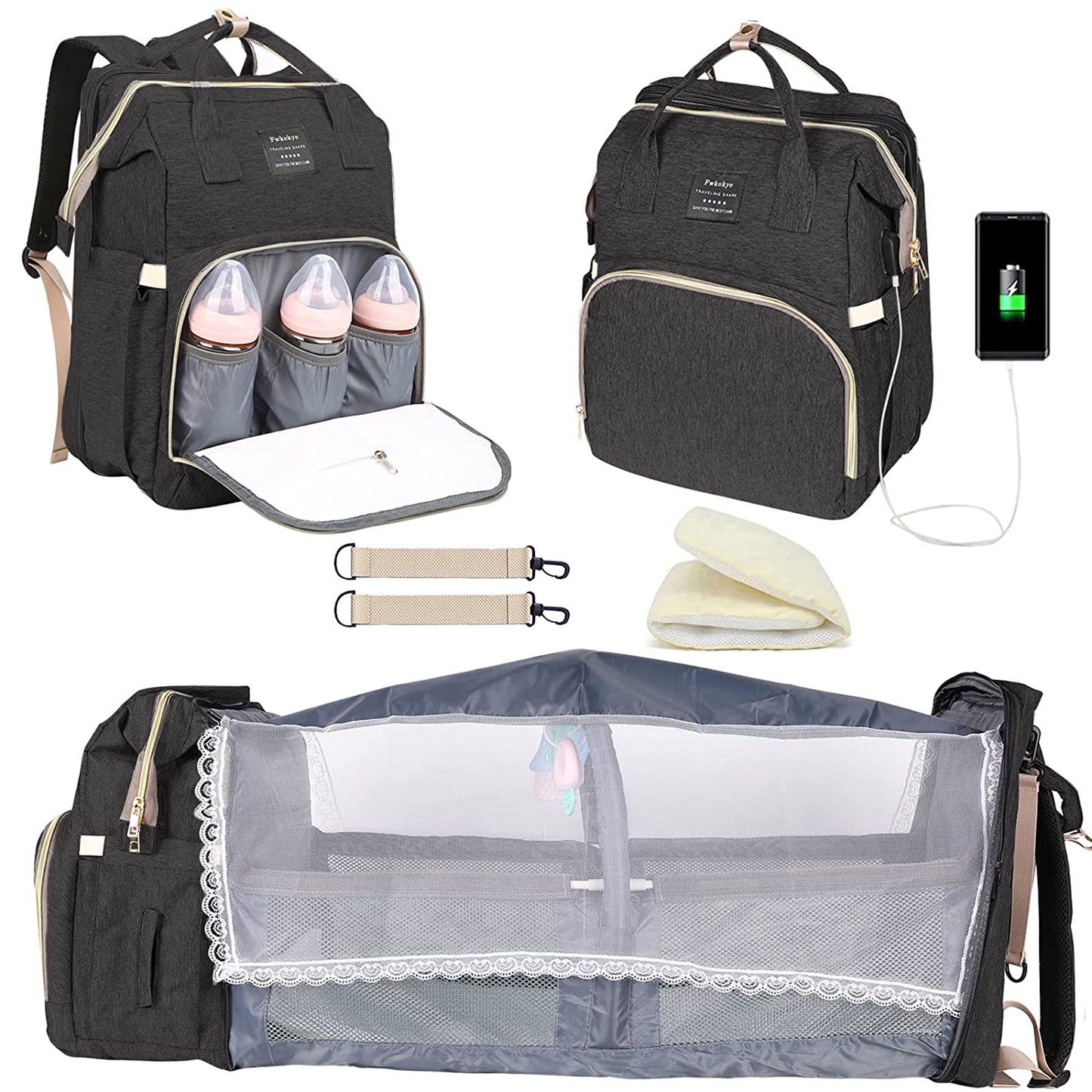 Fwkekye Baby Diaper Bag Backpack with Changing Station, Baby Registry Search Shower Gifts, Baby Bags for Boy Girl, New Mom Gifts for Women, Large Capacity, USB Port, Pink