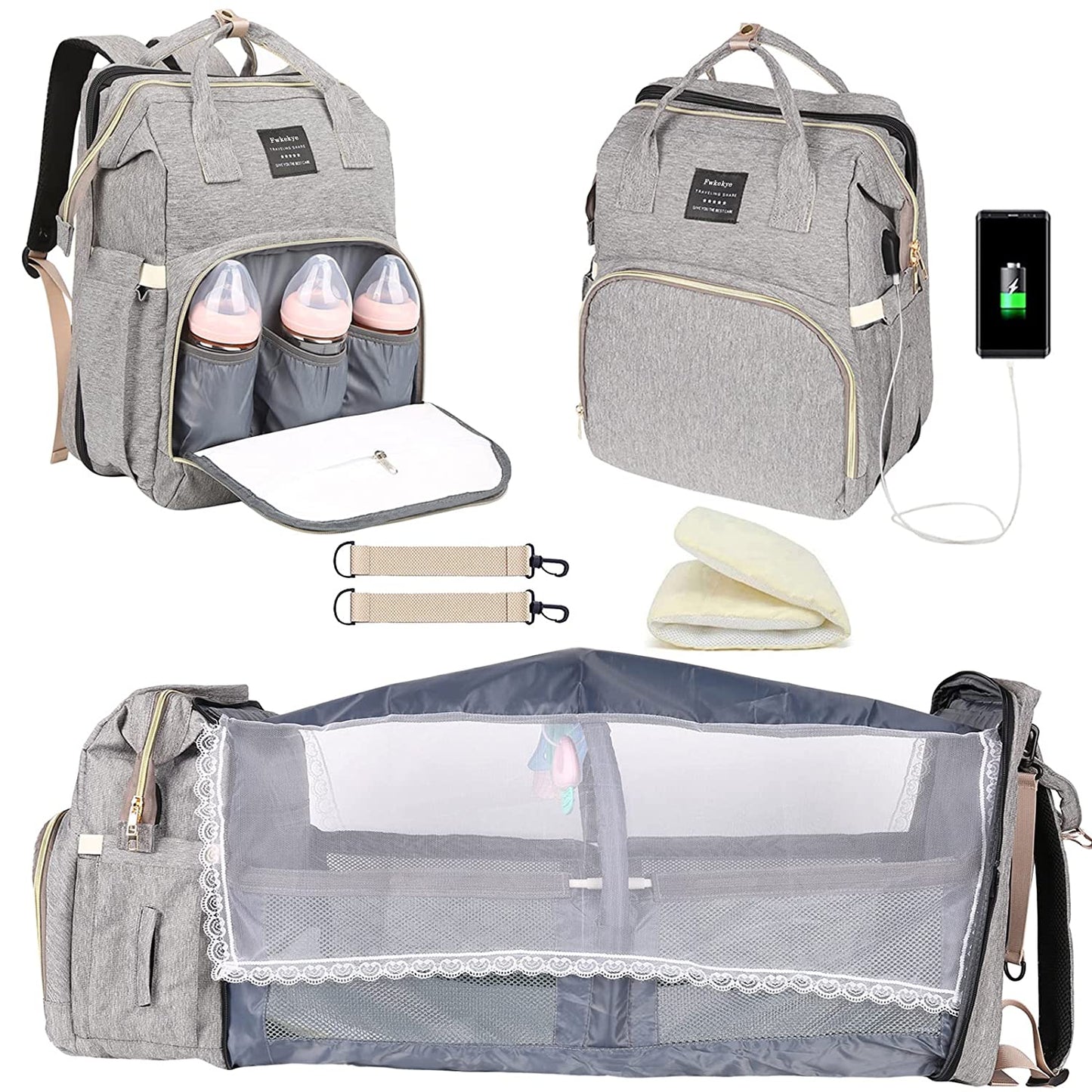 Fwkekye Baby Diaper Bag Backpack with Changing Station, Baby Registry Search Shower Gifts, Baby Bags for Boy Girl, New Mom Gifts for Women, Large Capacity, USB Port, Pink