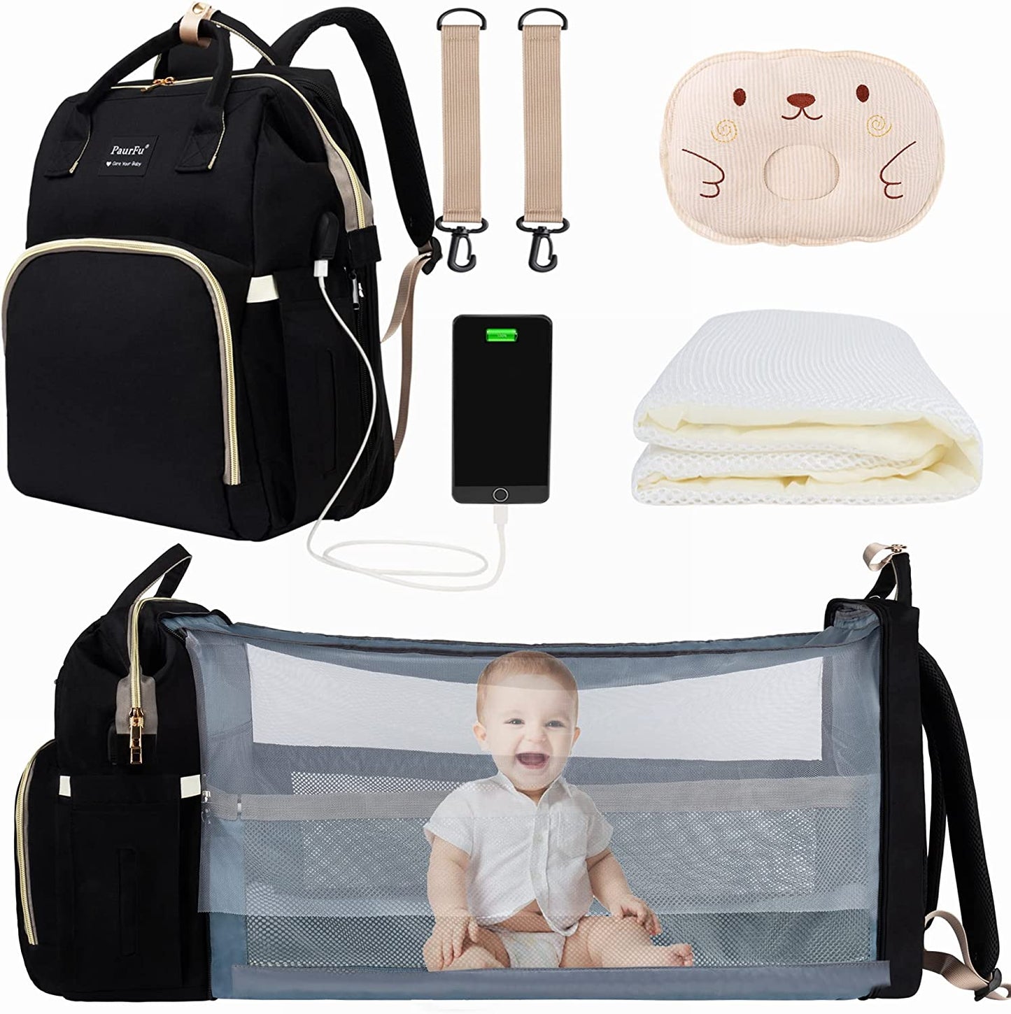 PaurFu Backpack Diaper Bags, Waterproof Mom Baby Bag for Boy Girl (Black)…