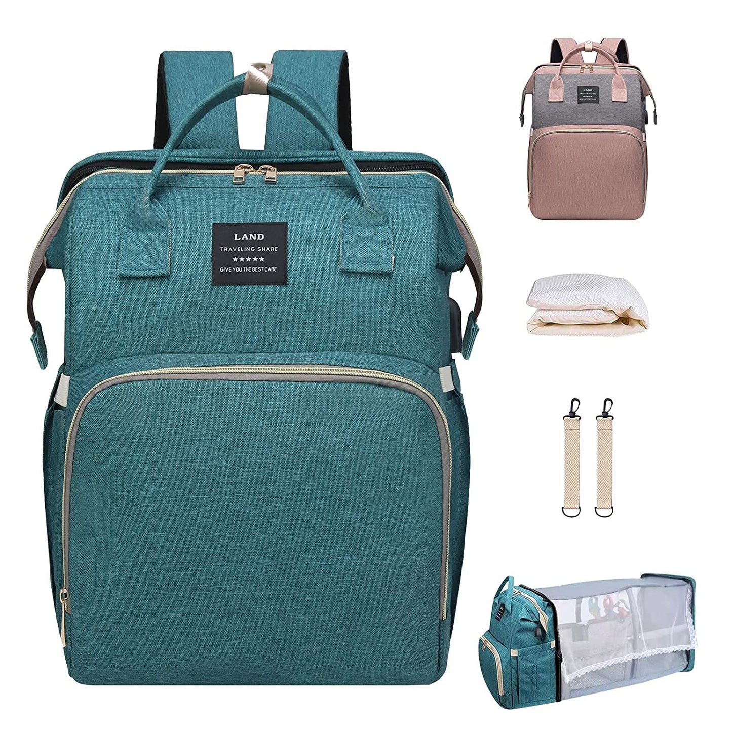 ANWTOTU Diaper Bag Backpack,7 in 1 Travel Diaper Bag,Mommy Bag With USB Charging Port (Pink-Grey)