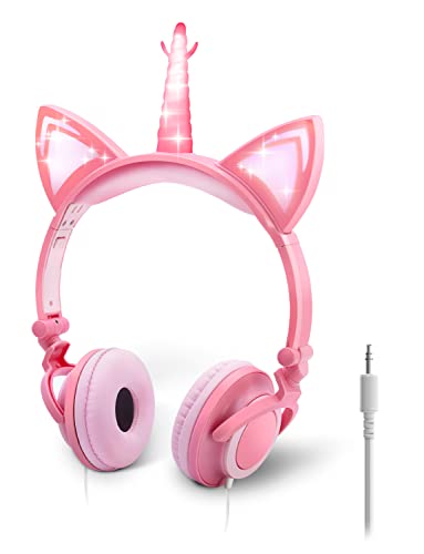 ONTA Kids Headphones with Cute LED Glowing Unicorn Cat Ears,Foldable, Noise-Canceling and Adjustable Kids Headphones for Boys and Girls Travel Holiday Birthday Gifts…