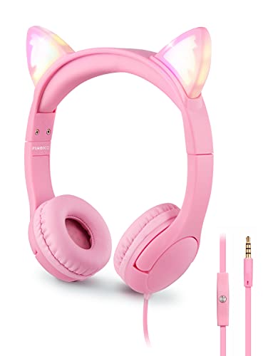 PINGKO Kids Headphones: Toddler Headphones with Microphone - Cat Ear Headphones for Girls Boys, LED Light 3.5mm Jack, 85db Volume, Music Sharing Stereo Earphones for Class | School | Travel