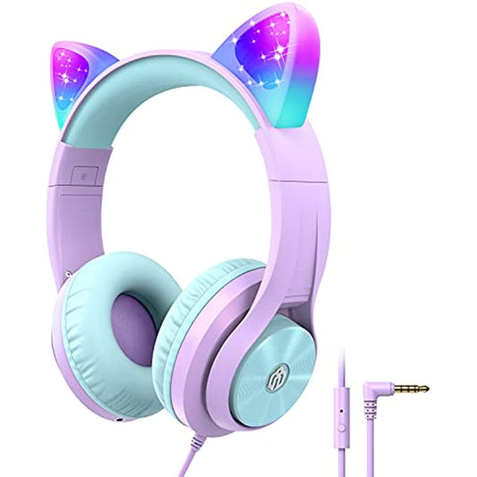 Cat Ear Led Light Up Kids Headphones with Microphone, iClever HS20 Wired Headphones -Shareport- 94dB Volume Limited, Foldable Over-Ear Headphones for Kids/School/iPad/Kids Tablet/Travel (light Purple)