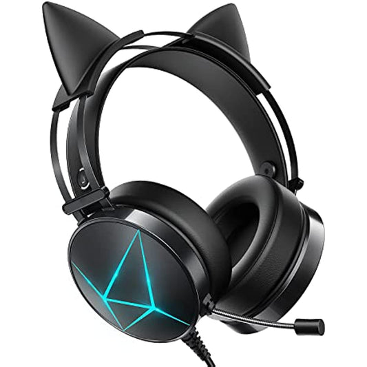 Gaming Headset for PC, Xbox One Headset with Detachable Cat Ear Headphones, PS5 Headset with Noise Canceling Microphone, PS4 Headset with 7.1 Surround Sound, LED Lights Black