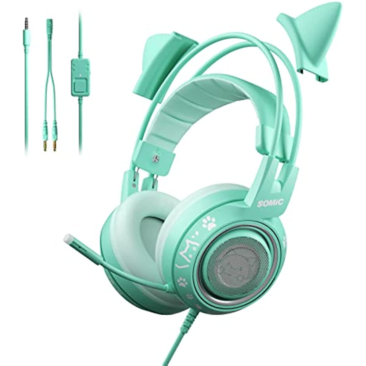 SOMIC G951S Green Gaming Headset with Microphone for PS4, PS5, Xbox One, PC, Cat Ear Headphones Over Ear with in-Line Mic Control, Stereo Sound for Girls, Woman