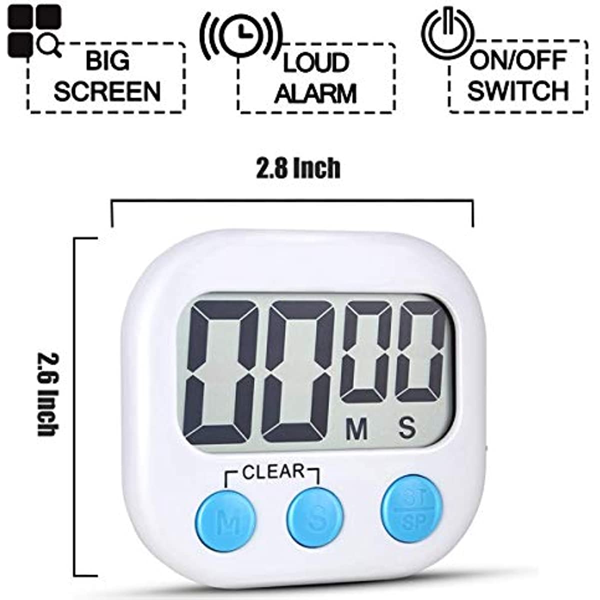2 Pack Digital Kitchen Timer for Cooking Big Digits Loud Alarm Magnetic Backing Stand Cooking Timers for Baking White
