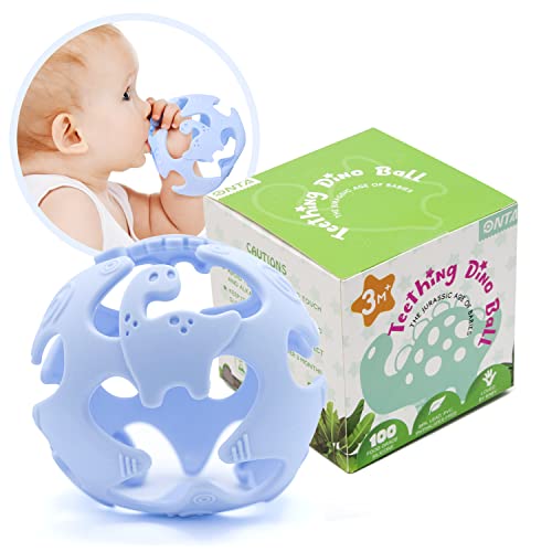 ONTA Baby Teething Toys Easy to Hold Dinosaur Teether Ball Food Grade Silicone Lightweight, Flexible and Durable Infant Pacifier Soothe Gums and Stimulate Tactile Sense Best Baby Gift