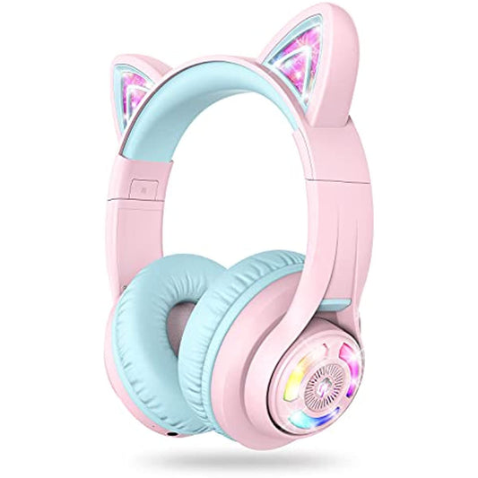 iClever Cat Ear Kids Bluetooth Headphones,LED Light Up On Ear Kids Wireless Headphones with Mic,74/85/94dB Volume Limited,50H Playtime,Bluetooth 5.2,Pink Headphones for iPad/Tablet/PC/Travel,BTH13