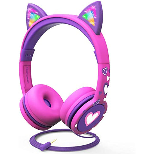 FosPower Kids Headphones with LED Cat Ears, 3.5mm On-Ear Wired Headset with Laced Cables for iPad/Smartphones/PC/Kindle/Tablet/Laptop/School (Max Volume 85dB) - Hot Pink/Purple