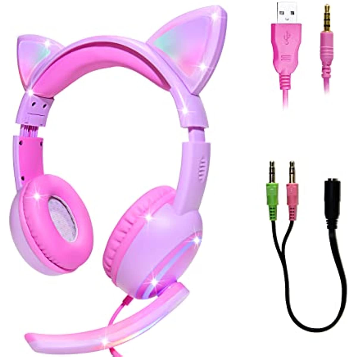 Kids Headphones with LED Cat Ears，Foldable On-Ear Wired Headset with 3.5mm Audio Cable for Kids/Teens/Boys/Girls/iPad/Smartphones/PC/Tablet/Laptop(Pink)