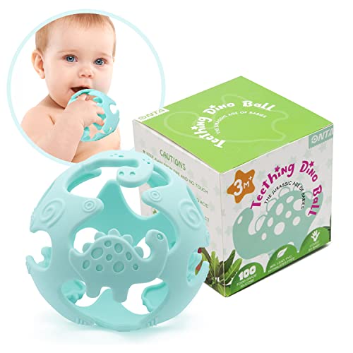 ONTA Baby Teething Toys Easy to Hold Dinosaur Teether Ball Food Grade Silicone Lightweight, Flexible and Durable Infant Pacifier Soothe Gums and Stimulate Tactile Sense Best Baby Gift