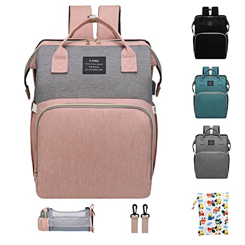 ANWTOTU Diaper Bag Backpack，7 in 1 Travel Diaper Bag,Mommy Bag With USB Charging Port (Pink-Grey)
