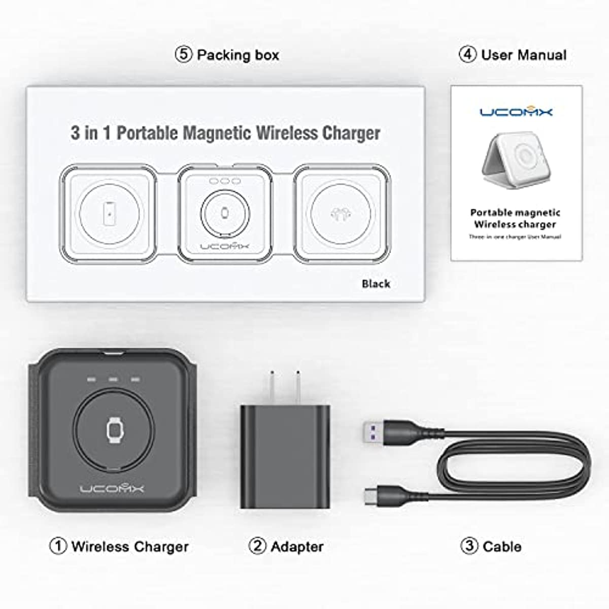 UCOMX Nano 3 in 1 Wireless Charger,Magnetic Foldable 3 in 1 Charging Station,Fast Wireless Charging Pad,Compatible for iPhone 14/Pro/Max/Plus/13/12 Series,AirPods 3/2/Pro,iWatch(Adapter Included)