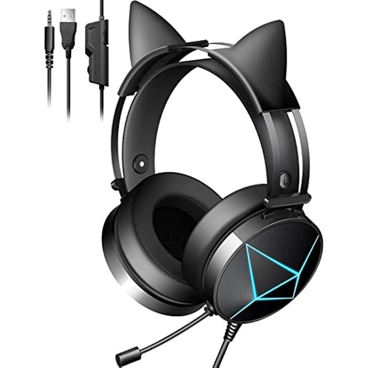 Cat Ear Headphones with Noise Canceling Microphone and Surround Sound, Gaming Headset with Removable Cat Ears, LED Lights, Compatible with PC, Xbox One, PS4, PS5, Switch, Black Gamer Headset Wired