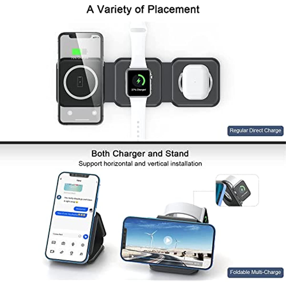 UCOMX Nano 3 in 1 Wireless Charger,Magnetic Foldable 3 in 1 Charging Station,Fast Wireless Charging Pad,Compatible for iPhone 14/Pro/Max/Plus/13/12 Series,AirPods 3/2/Pro,iWatch(Adapter Included)