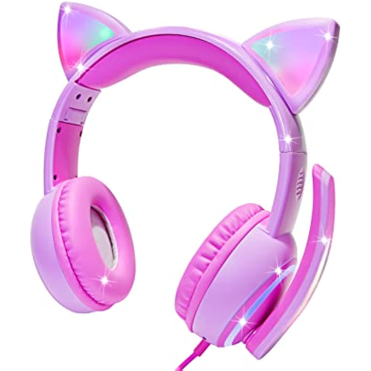 Kids Headphones with LED Cat Ears，Foldable On-Ear Wired Headset with 3.5mm Audio Cable for Kids/Teens/Boys/Girls/iPad/Smartphones/PC/Tablet/Laptop(Pink)