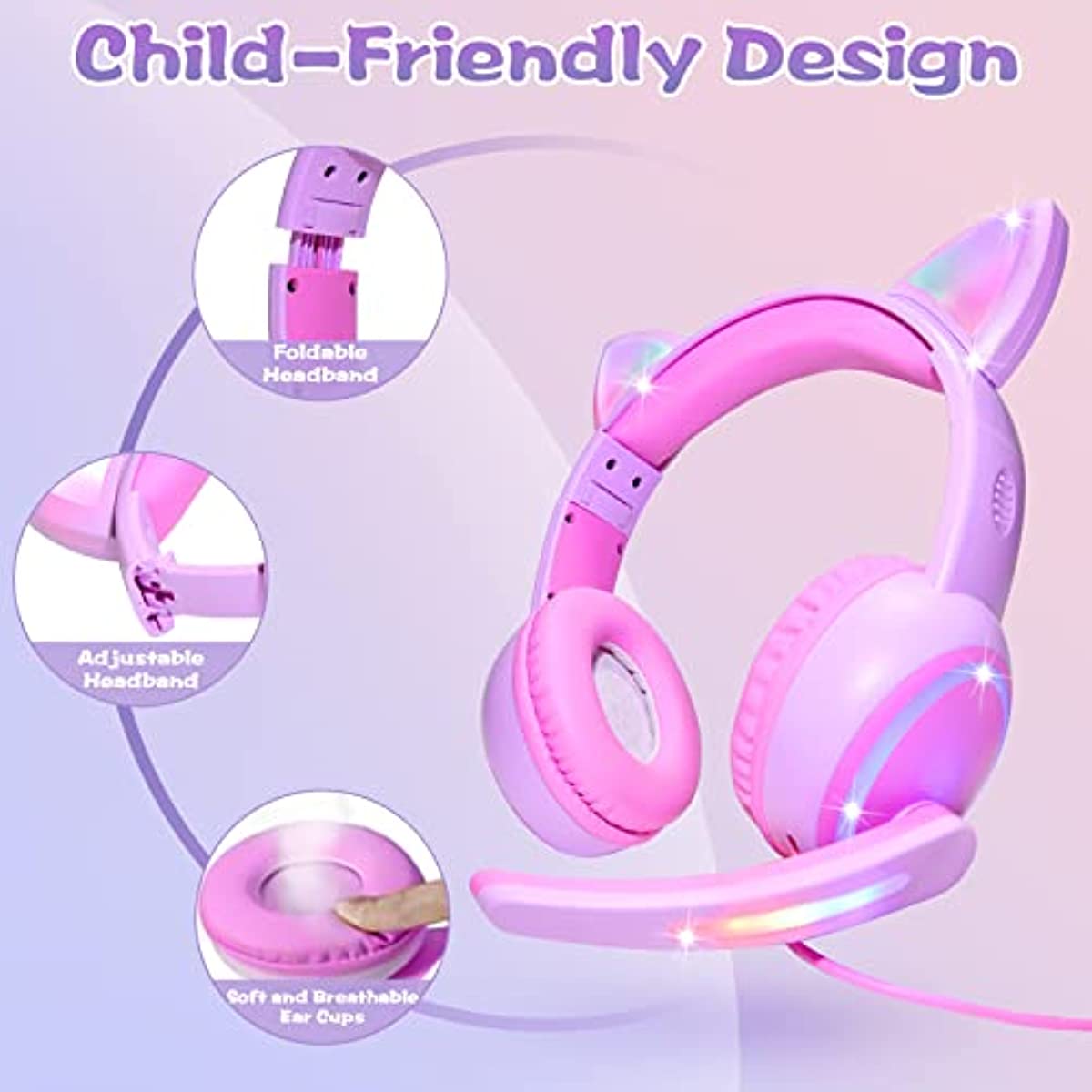 Kids Headphones with LED Cat Ears，Foldable On-Ear Wired Headset with 3.5mm Audio Cable for Kids/Teens/Boys/Girls/iPad/Smartphones/PC/Tablet/Laptop(Pink)
